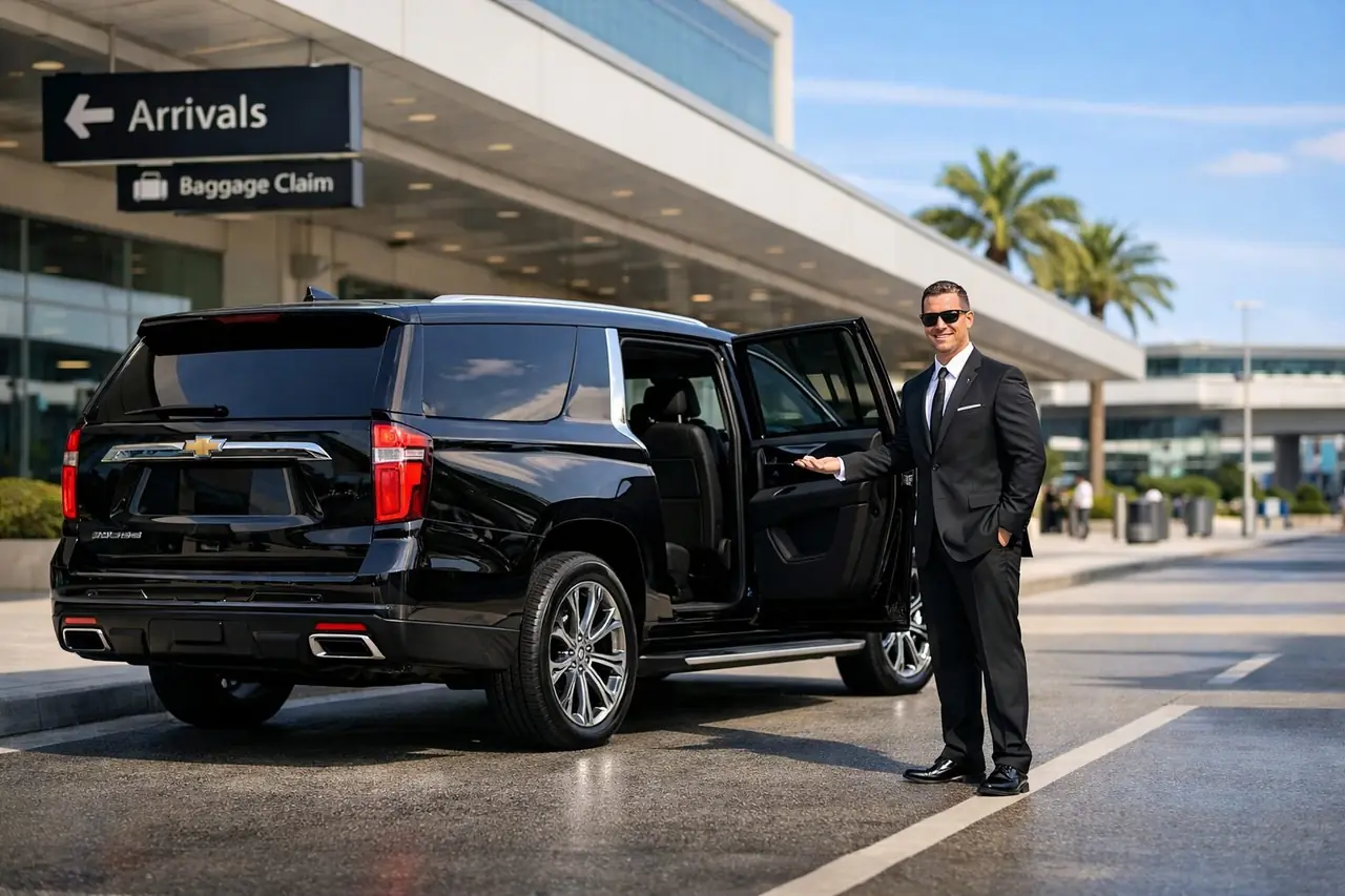 A LEEMO chauffeur beside a black XL SUV with the rear door open at the airport